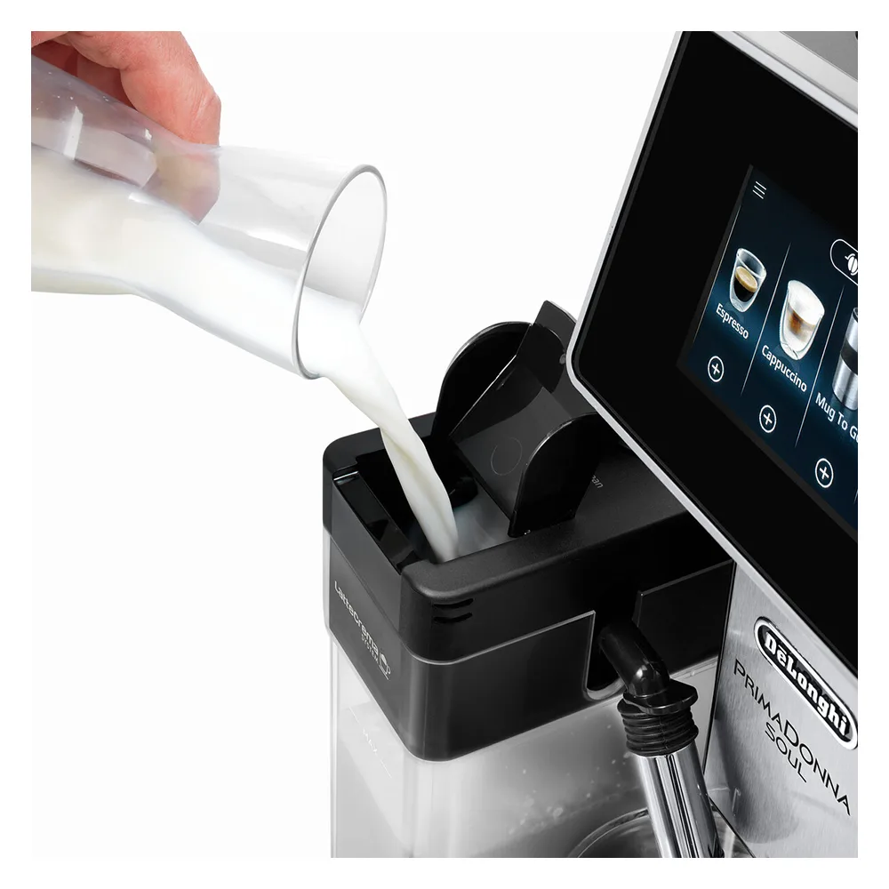 Close-up design of delonghi primadonna soul automatic coffee machine with lattecrema system, ecam610.75.mb