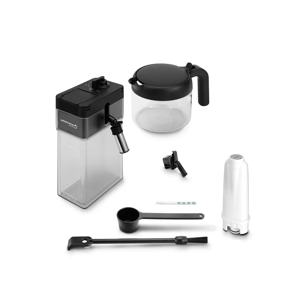 Front angle of delonghi primadonna soul automatic coffee machine with lattecrema system, ecam610.75.mb