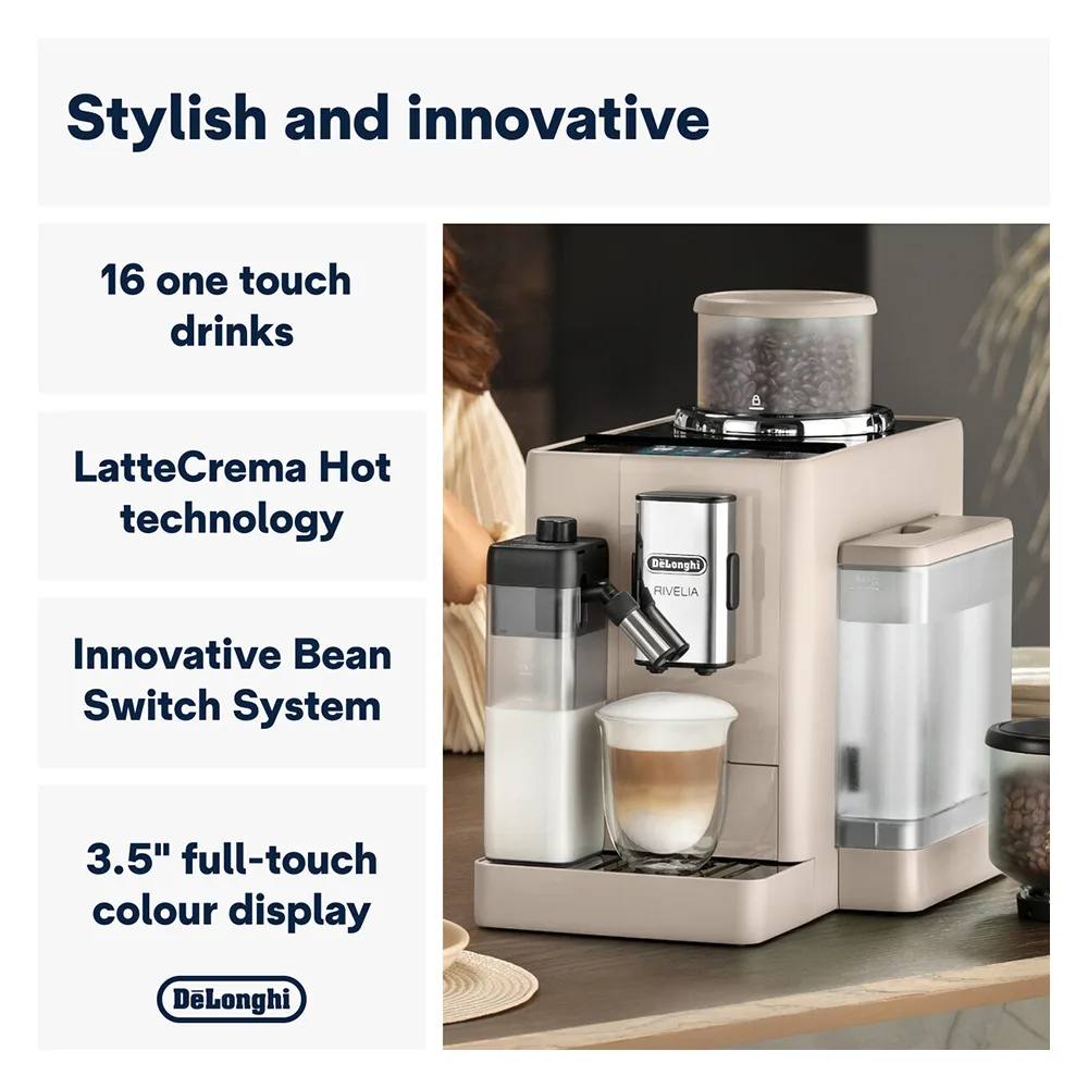 Side view of delonghi rivelia automatic coffee machine with lattecrema hot, exam440.55.bg