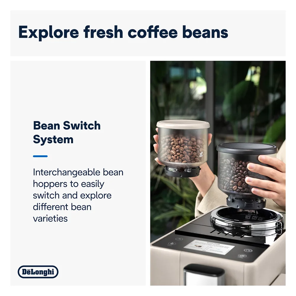Close-up design of delonghi rivelia automatic coffee machine with lattecrema hot, exam440.55.bg