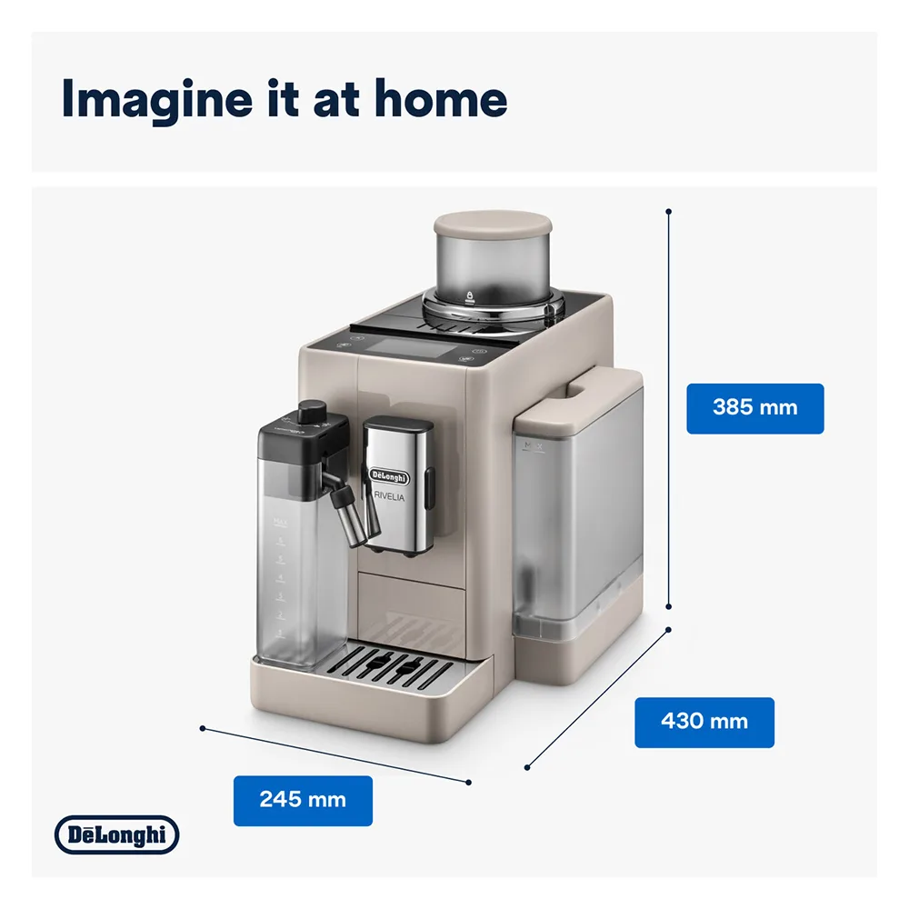 Front angle of delonghi rivelia automatic coffee machine with lattecrema hot, exam440.55.bg