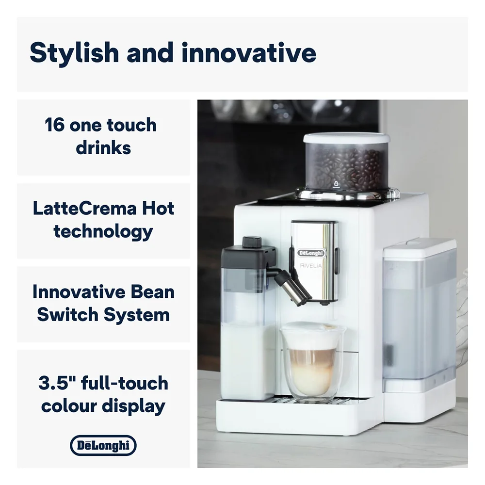 Side view of delonghi rivelia automatic coffee machine with lattecrema hot system, exam440.55.w
