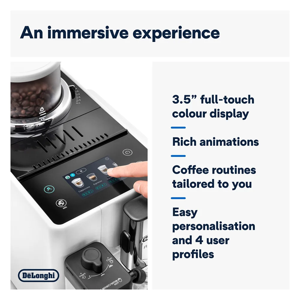Close-up design of delonghi rivelia automatic coffee machine with lattecrema hot system, exam440.55.w