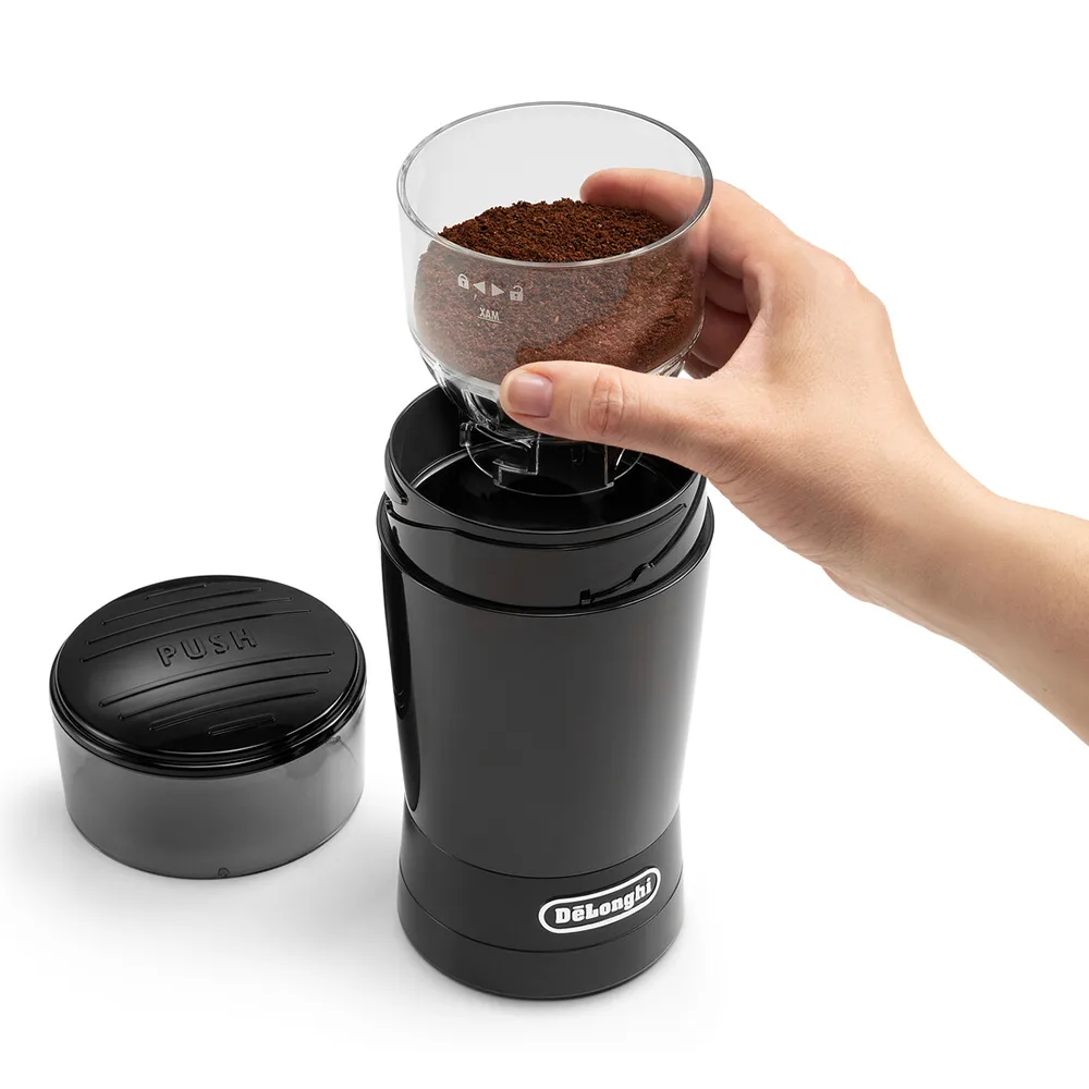 Side view of delonghi spice & coffee grinder, stainless steel blades, kg200