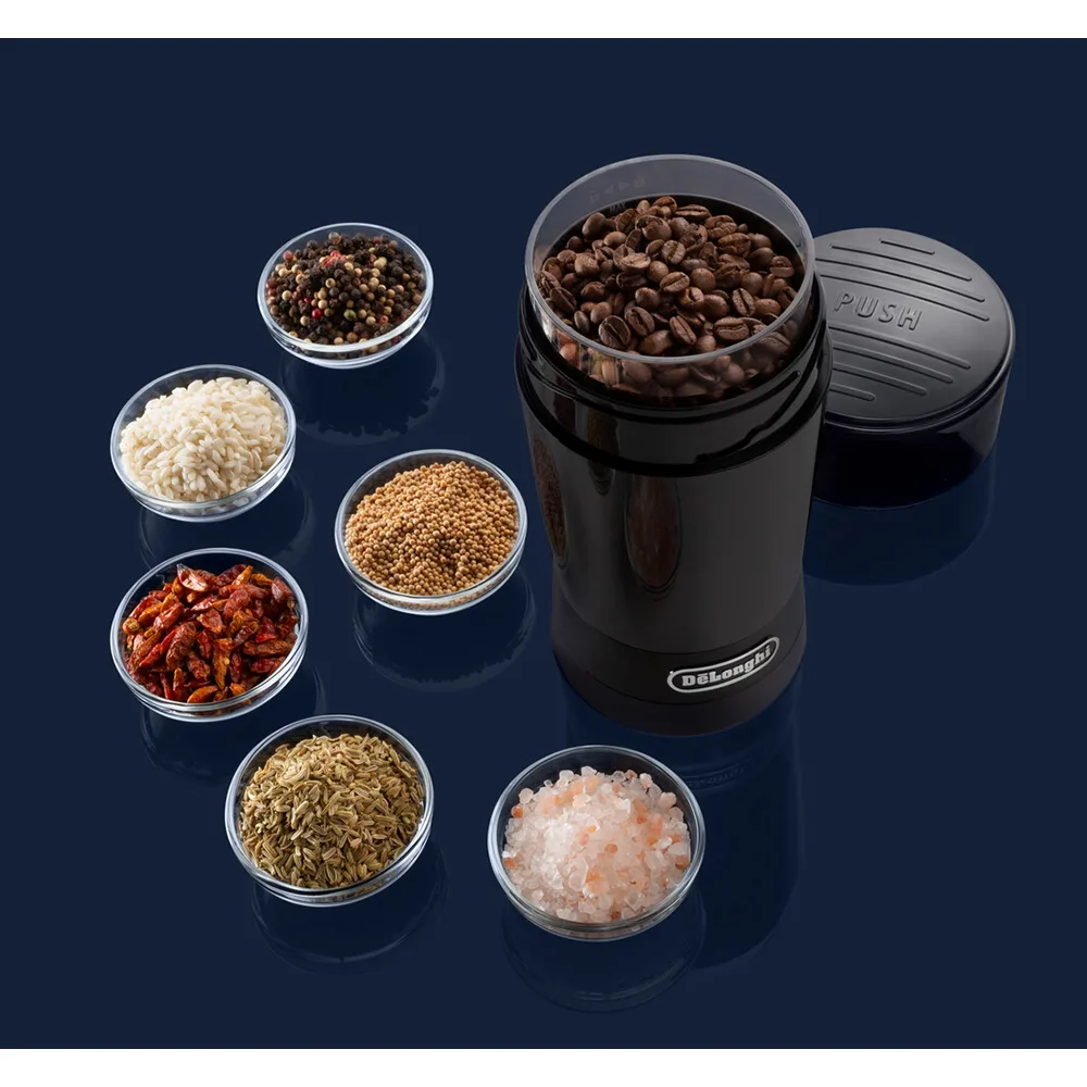 Front angle of delonghi spice & coffee grinder, stainless steel blades, kg200