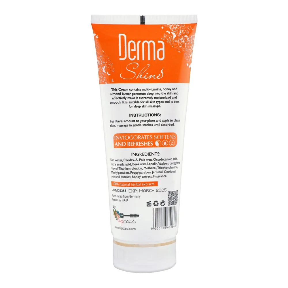 Side view of derma shine gently exfoliating honey with almond whitening massage cream, for all skin types, 200g