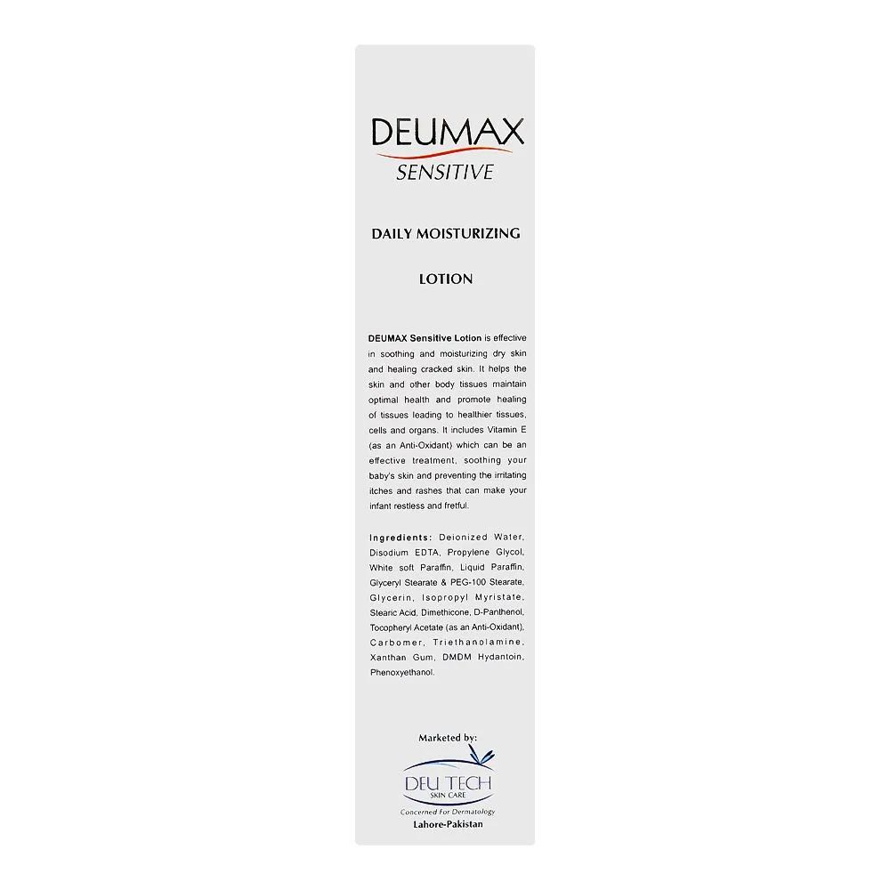 Side view of deu tech deu max sensitive daily moisturizing lotion, paraben & lanolin free, for dry skin, 100ml