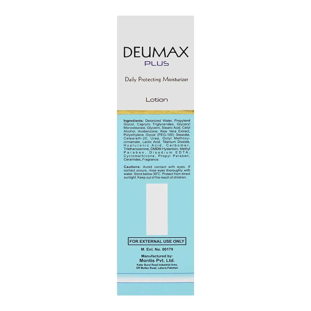 Side view of deu tech deumax plus lotion, ceramides, hyaluronic acid, spf20, for dry skin, 110ml