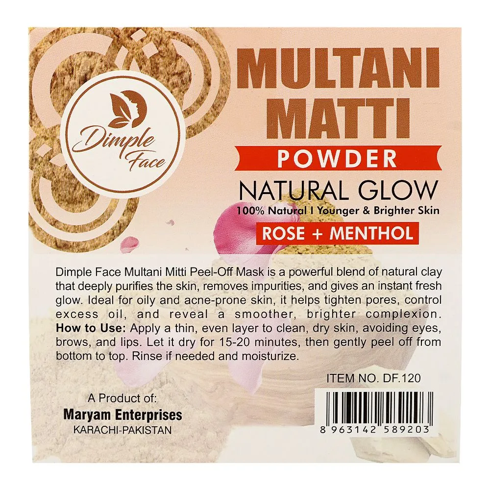 Side view of dimple face natural glow multani mitti powder, rose + menthol 100g, df-120