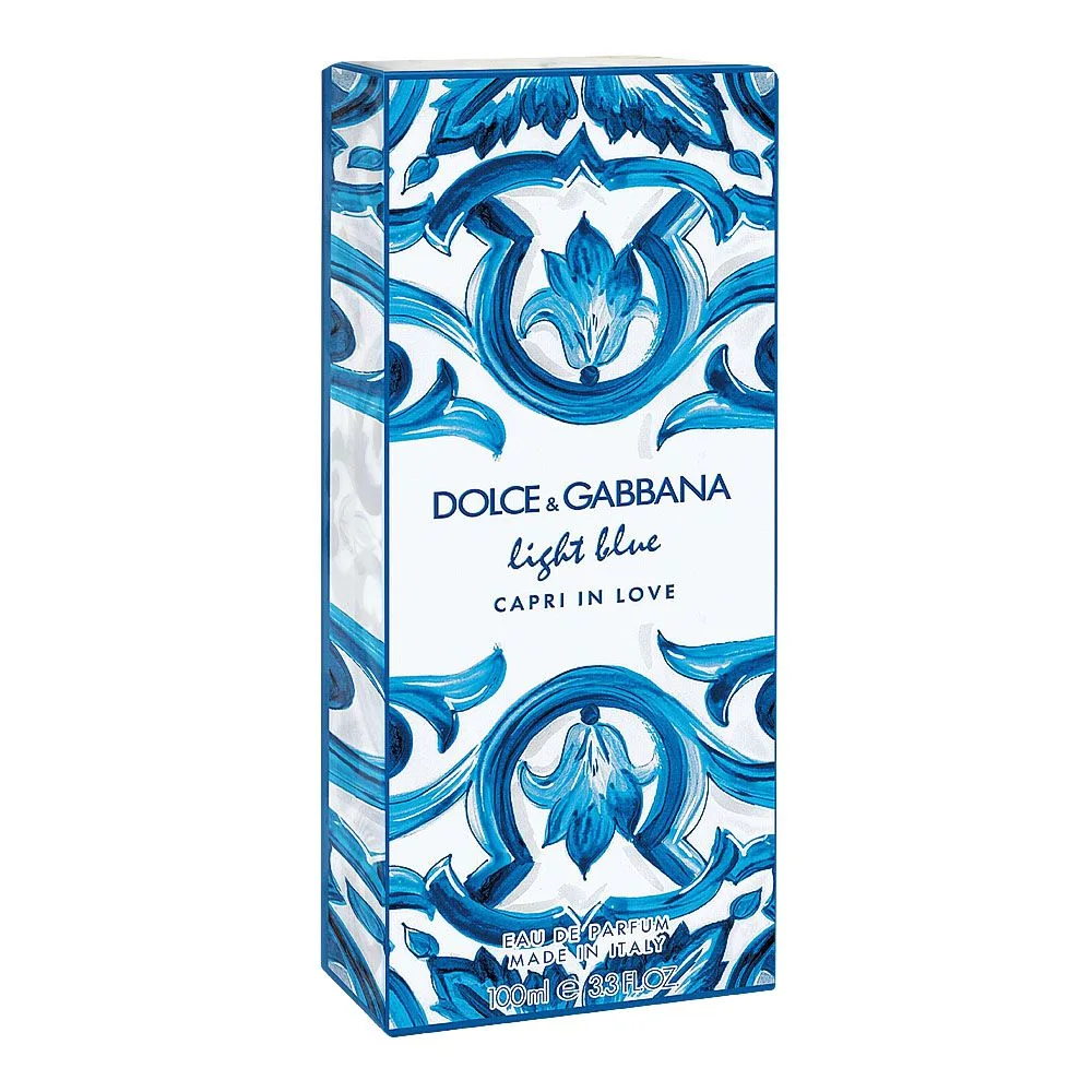 Side view of dolce & gabbana light blue capri in love pour femme, eau de parfum, for women, 100ml