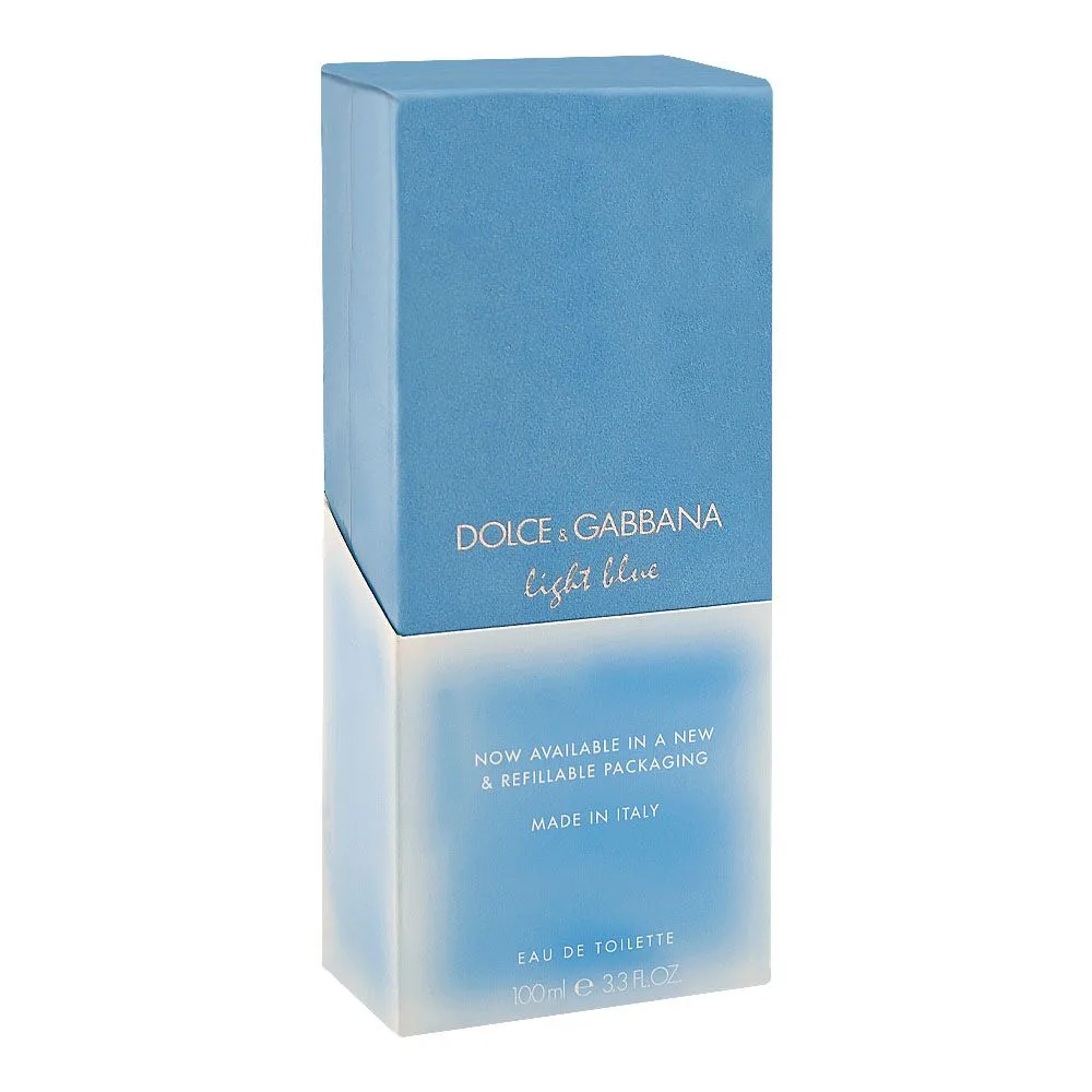 Side view of dolce & gabbana light blue ladies refillable, eau de toilette, for women, 100ml