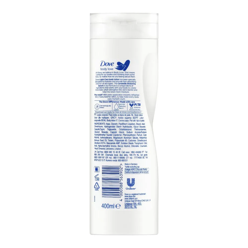 Side view of dove body love light care body lotion, for all skin types, 400ml