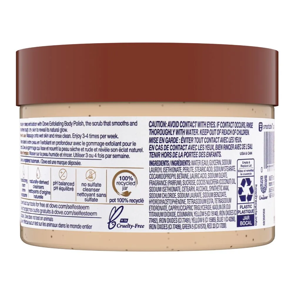 Side view of dove brown sugar & coconut butter exfoliating body polish, deep profond, 298g