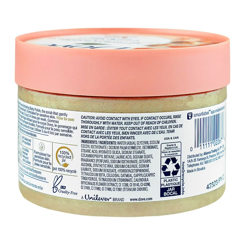 Side view of dove colloidal oatmeal & calendula oil exfoliating body polish, for sensitive skin, 298g