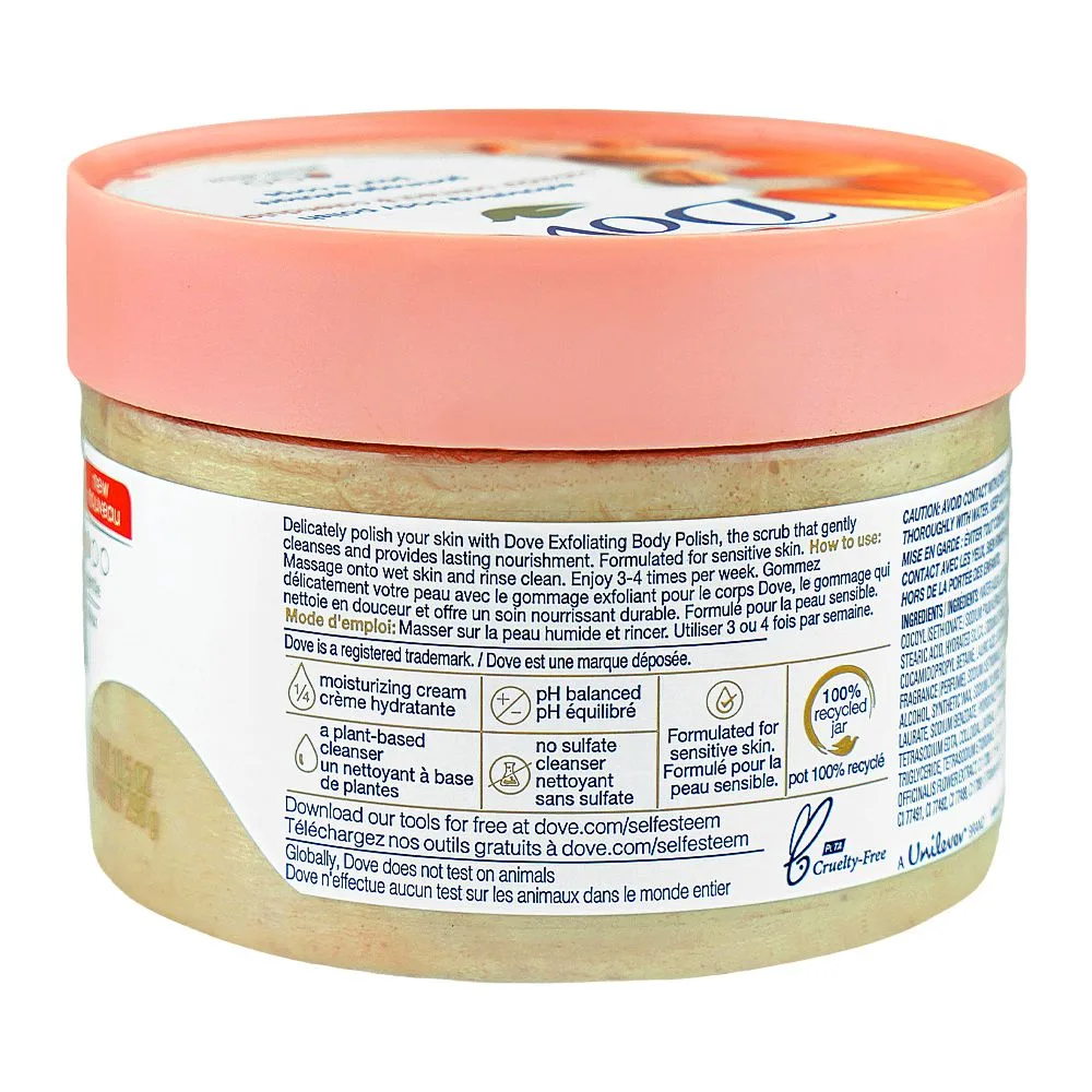 Comfortable casual dove colloidal oatmeal & calendula oil exfoliating body polish, for sensitive skin, 298g