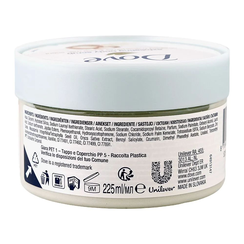 Side view of dove crushed macadamia & rice milk scent exfoliating body scrub, 225ml