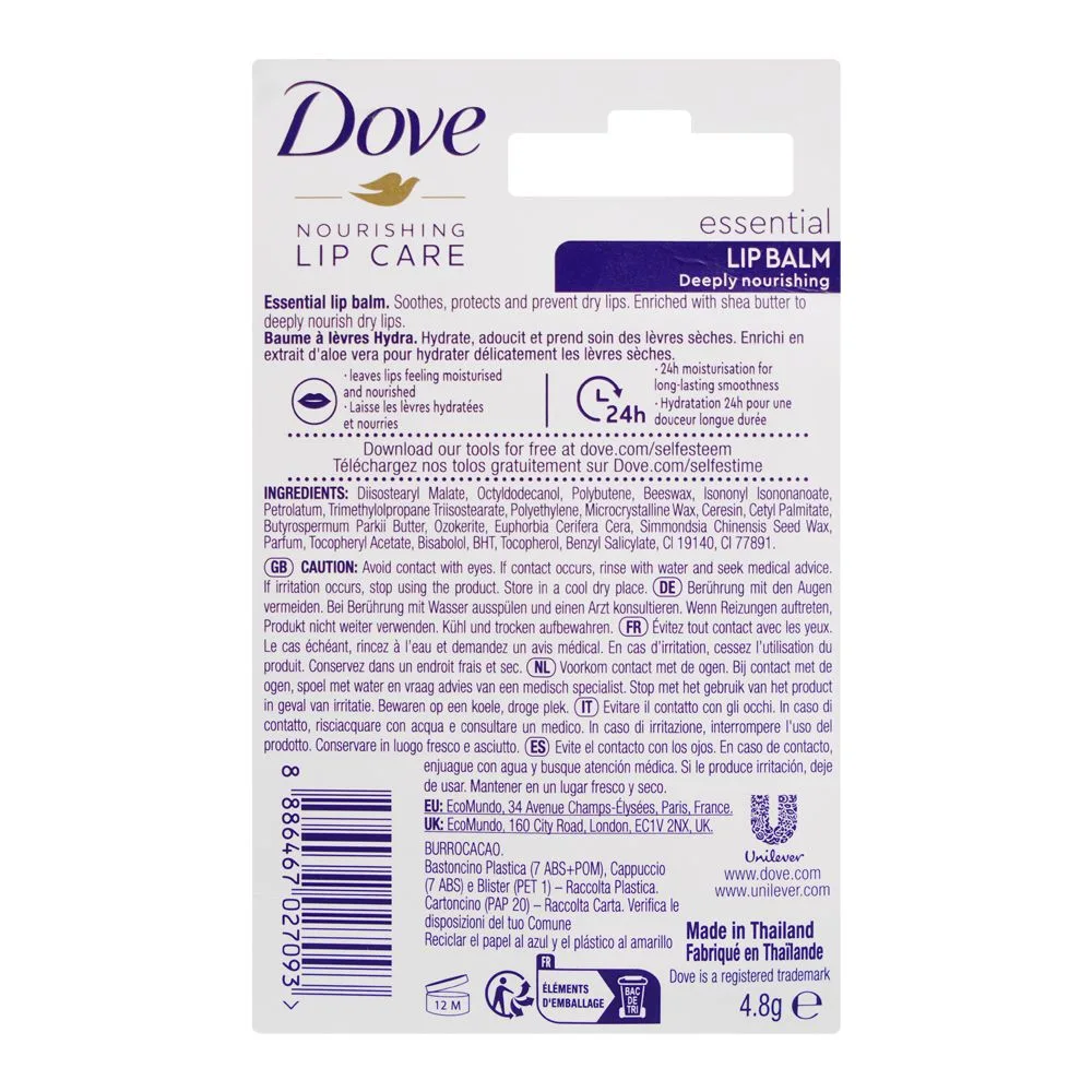 Side view of dove nourishing lip care deeply nourishing lip balm, 4.8g