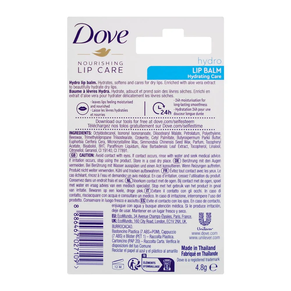 Side view of dove nourishing lip care hydrating lip balm, 4.8g