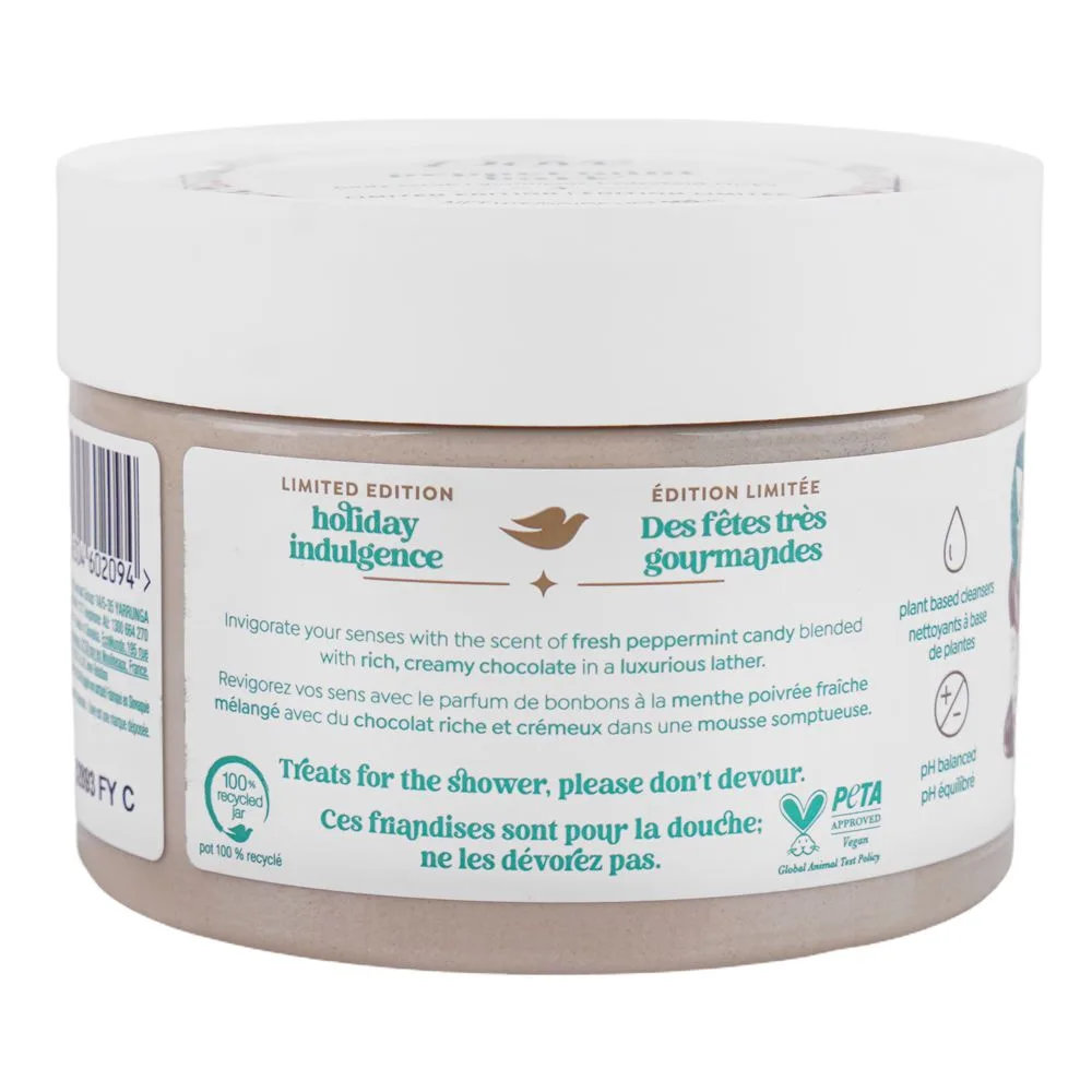 Side view of dove peppermint bark limited edition body scrub, 298g