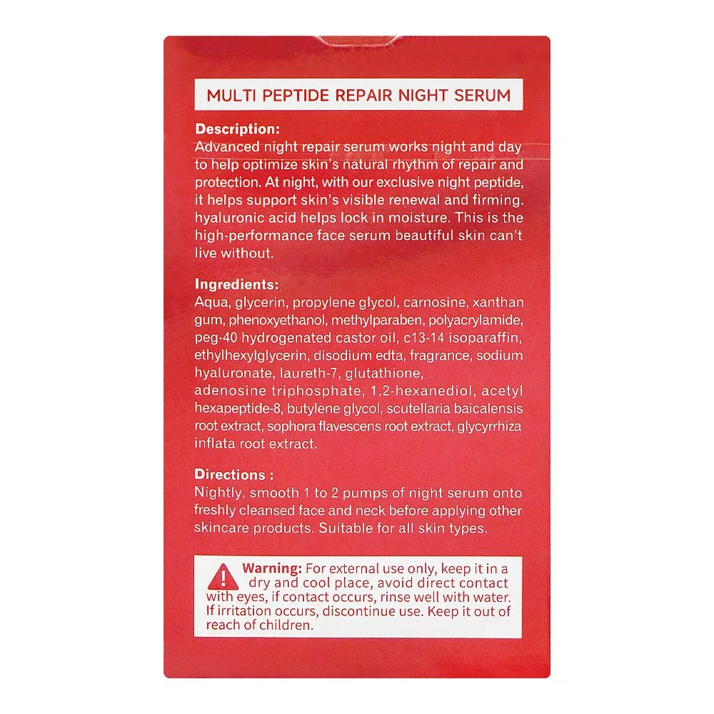 Side view of dr. rashel 1% multi peptide repair night serum, for all skin types, 35ml