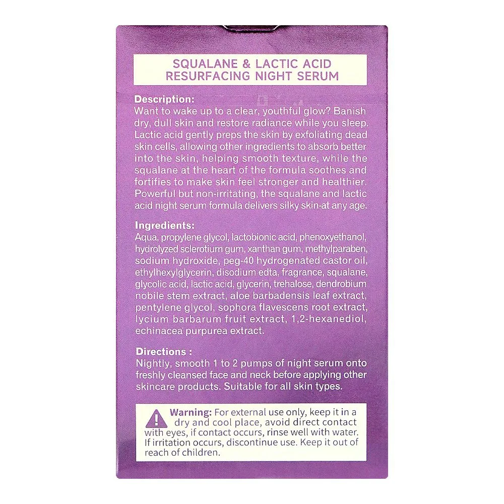 Side view of dr. rashel 1% squalane lactic acid resurfacing night serum, for all skin types, 35ml