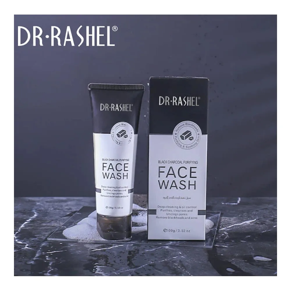 Side view of dr. rashel black charcoal purifying face wash, for all skin types, 100g
