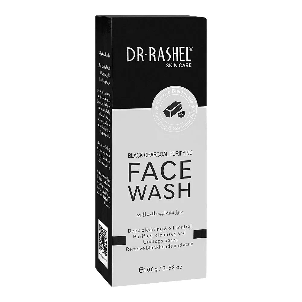 Close-up design of dr. rashel black charcoal purifying face wash, for all skin types, 100g