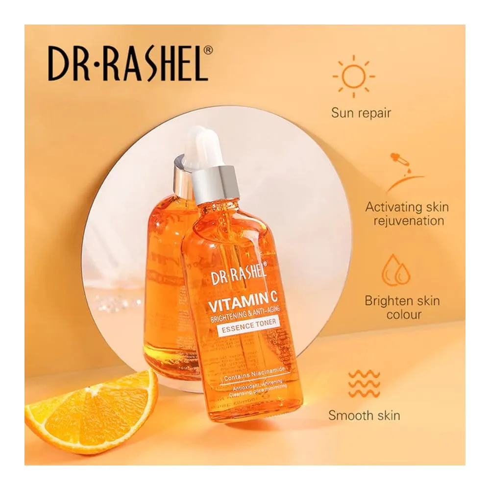 Side view of dr. rashel vitamin c brightening & anti aging essence toner, 100ml