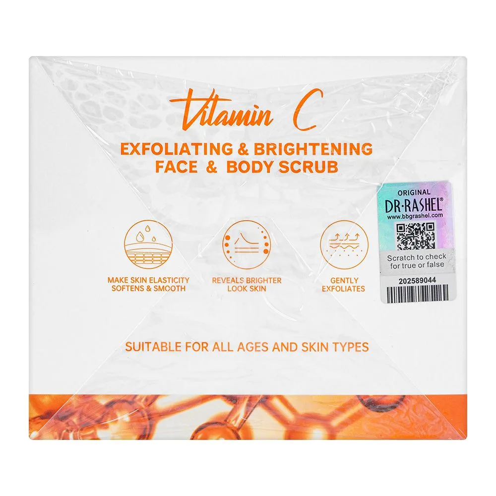 Side view of dr.rashel vitamin c exfoliating & brightening face & body scrub, removes dead skin & dark spots, 250ml
