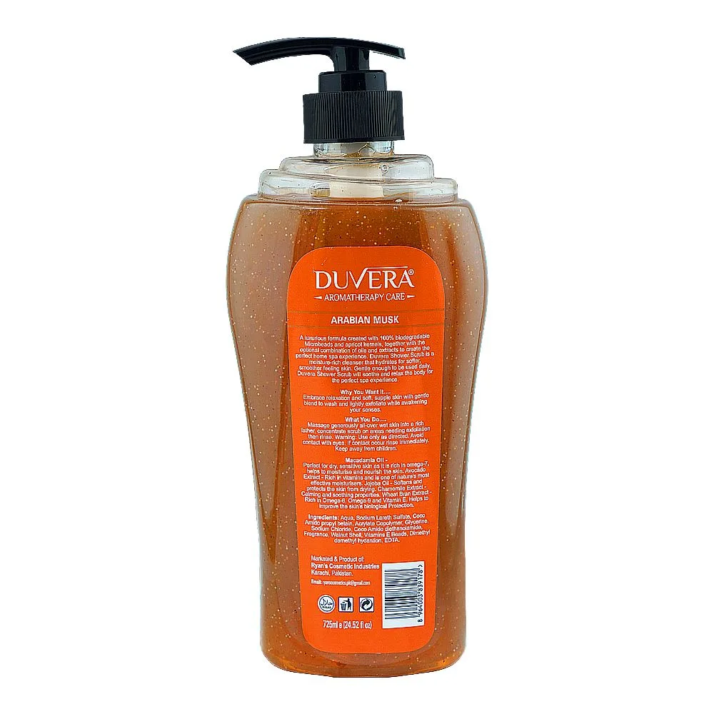 Side view of duvera arabian musk world spa shower scrub, glycerine, vitamin e, 725ml