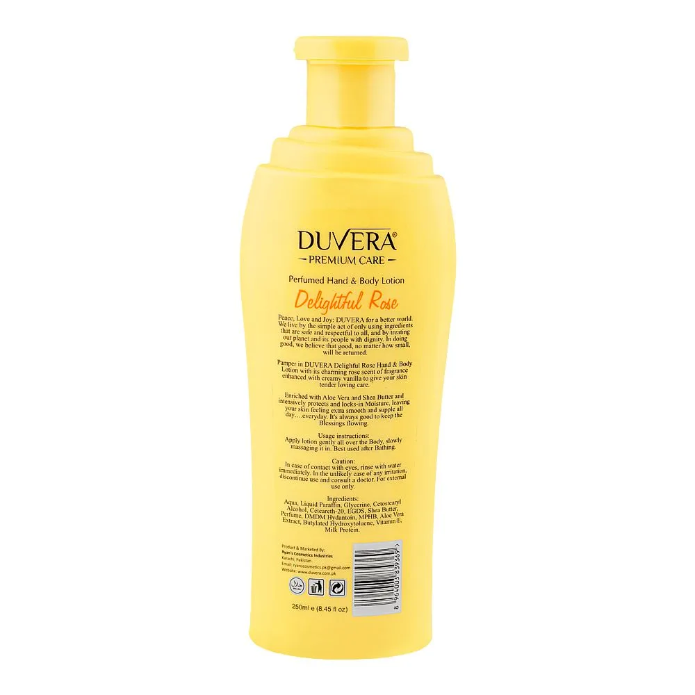 Side view of duvera delightful rose perfumed hand & body lotion, vitamin e & niacinamide, for smooth skin, 250ml