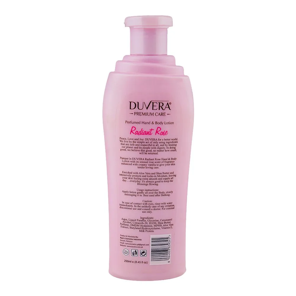 Side view of duvera radiant rose perfumed hand & body lotion, vitamin e & niacinamide, for skin brightening, 250ml