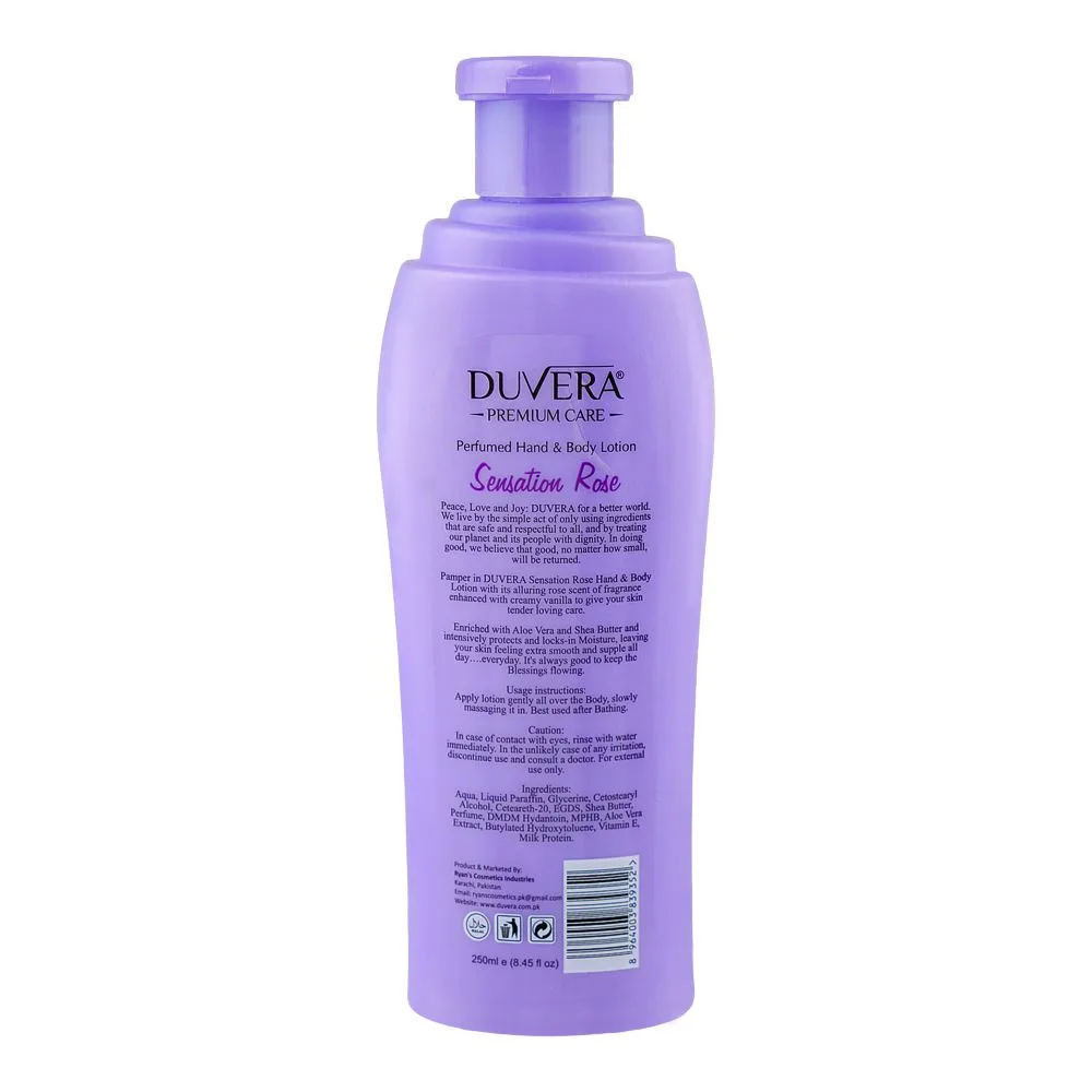 Side view of duvera sensation rose perfumed hand & body lotion, vitamin e & niacinamide, for nourished skin, 250ml