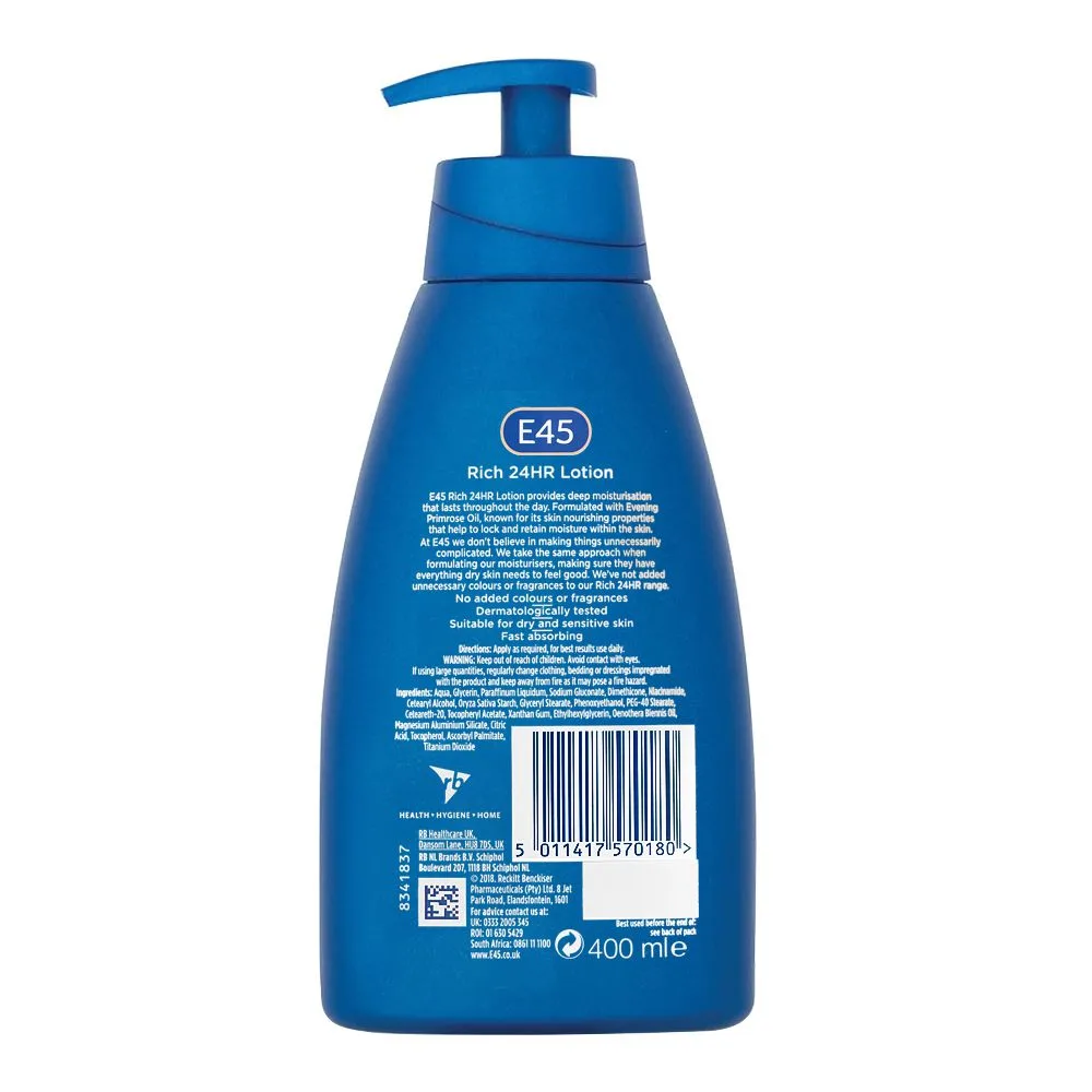 Side view of e-45 evening primrose oil rich 24-hour lotion, 400ml
