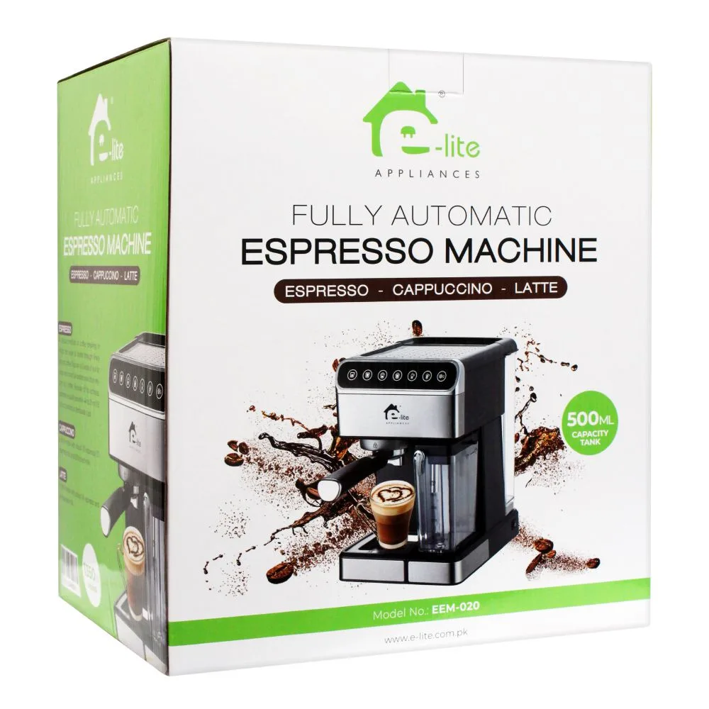 Side view of e-lite fully automatic espresso coffee machine, eem-020