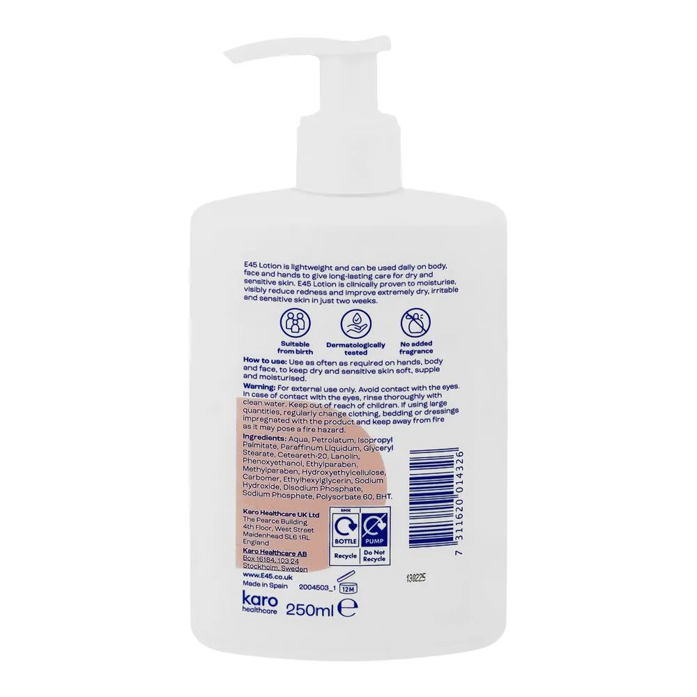 Side view of e45 24-hour moisturization lotion, suitable from birth, for very dry & sensitive skin, 250ml