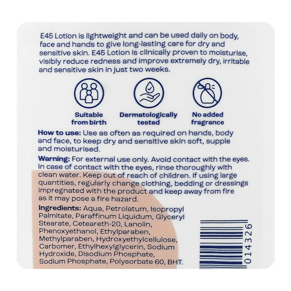 Comfortable casual e45 24-hour moisturization lotion, suitable from birth, for very dry & sensitive skin, 250ml