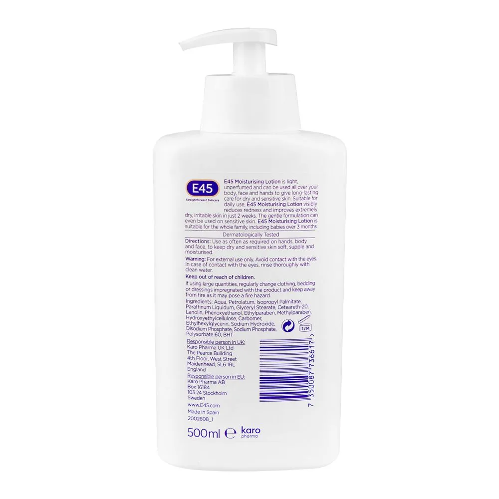 Side view of e45 moisturizing lotion, for dry & sensitive skin, 500ml
