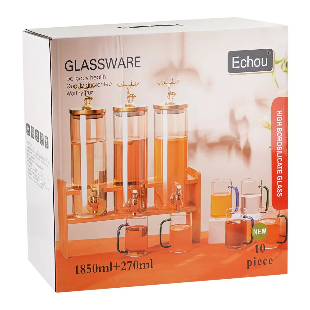 Echou High Borosilicate Glass Dispenser + Glass + Stand Set, 1850ml + 270ml, 10 Pack, YOT-L4-HA