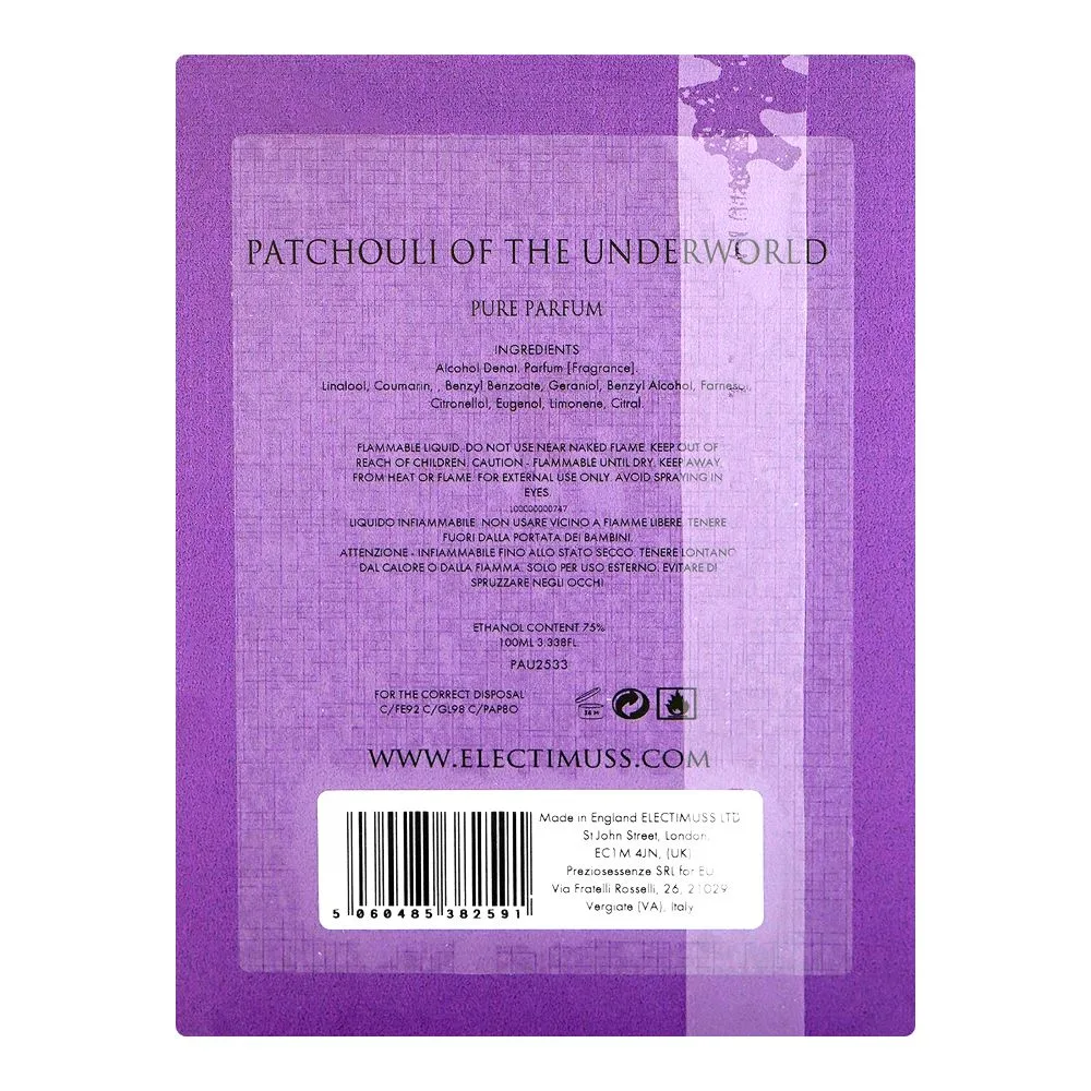Side view of electimuss london patchouli of the underworld pure parfum, for men & women, 100ml