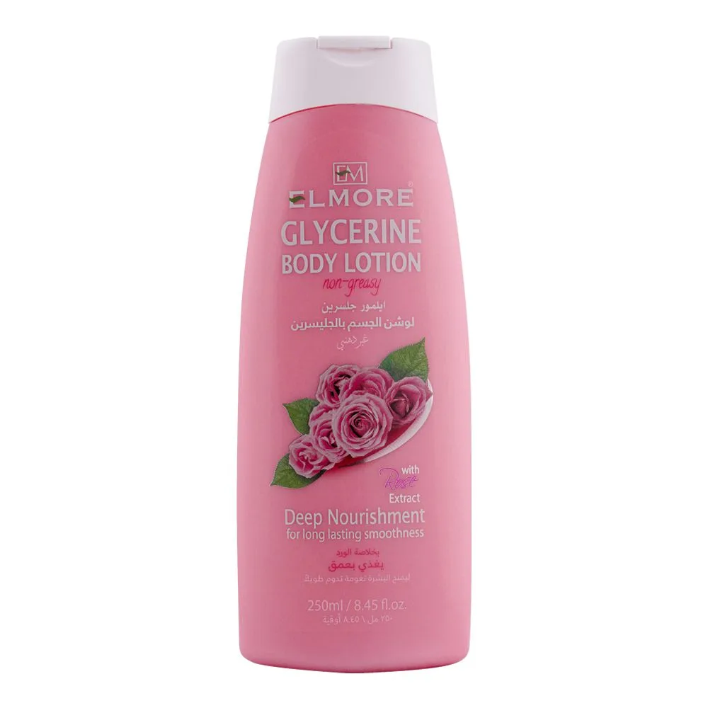 Side view of elmore deep nourishment glycerine rose extract body lotion, 250g