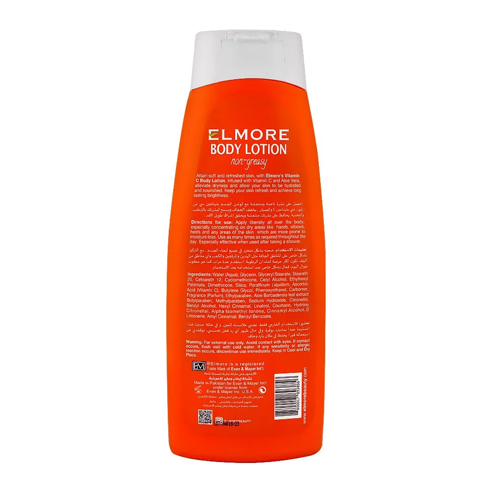 Side view of elmore deep nourishment non-greasy and aloe vera body lotion, for all skin types, 250g