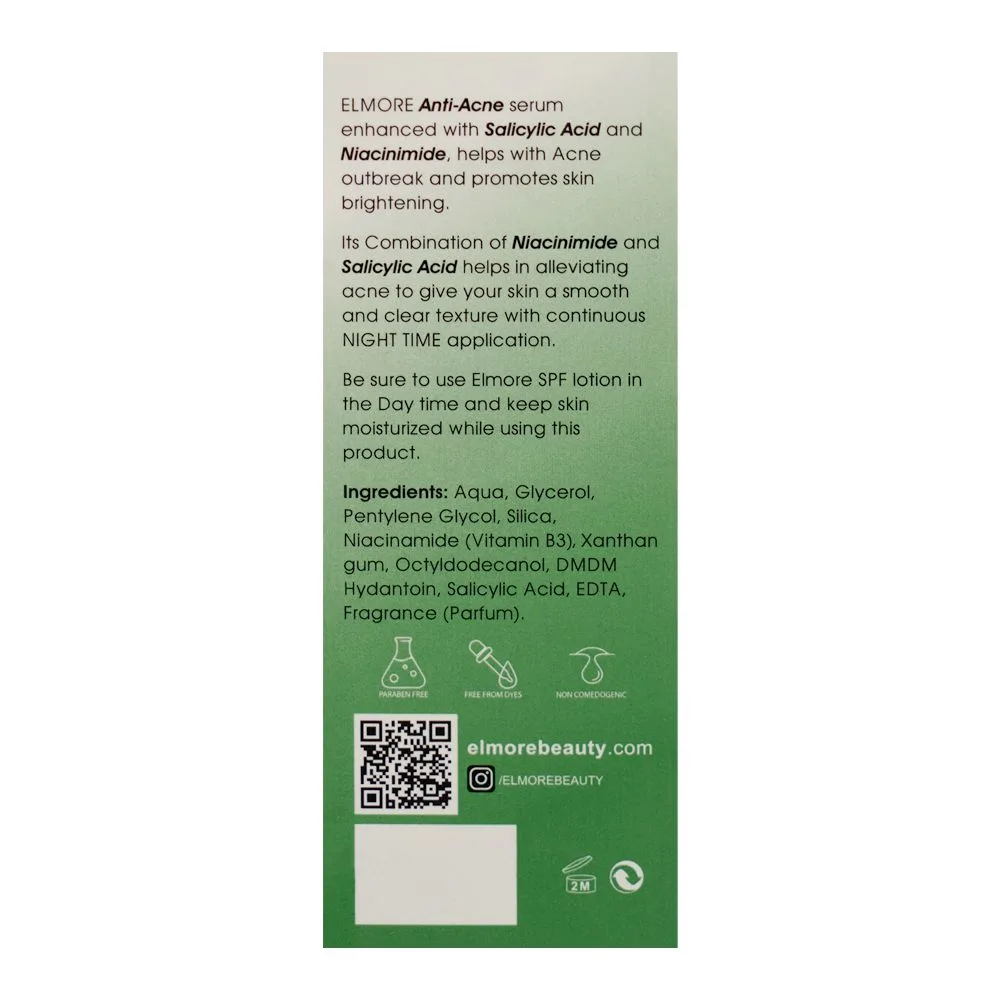 Side view of elmore elixir anti-acne niacinamide & salicylic acid+b3 5% serum, 30ml