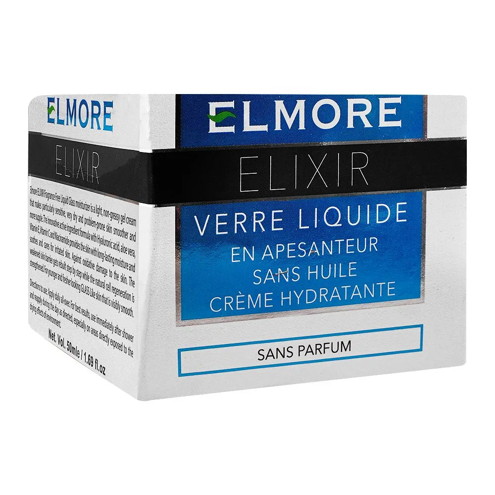 Side view of elmore elixir liquid glass weightless oil-free moisturizer, fragrance free, sans perfume, 50ml