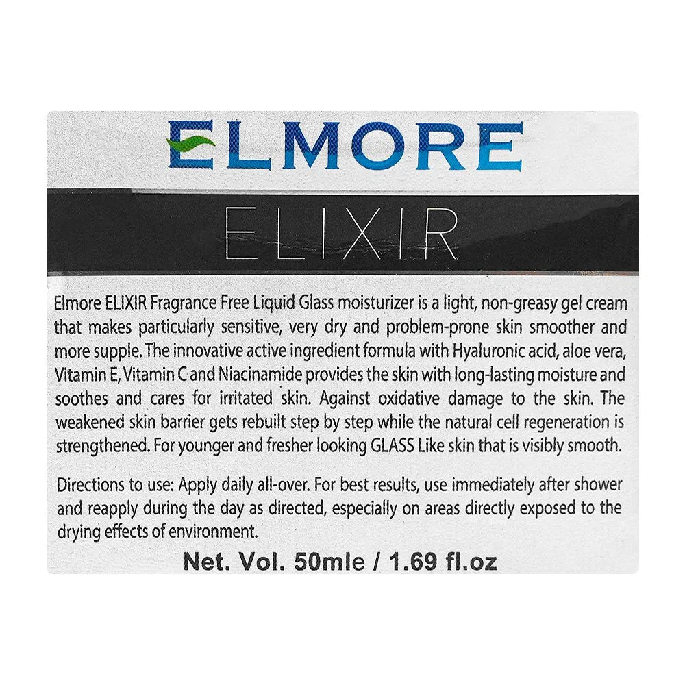 Close-up design of elmore elixir liquid glass weightless oil-free moisturizer, fragrance free, sans perfume, 50ml