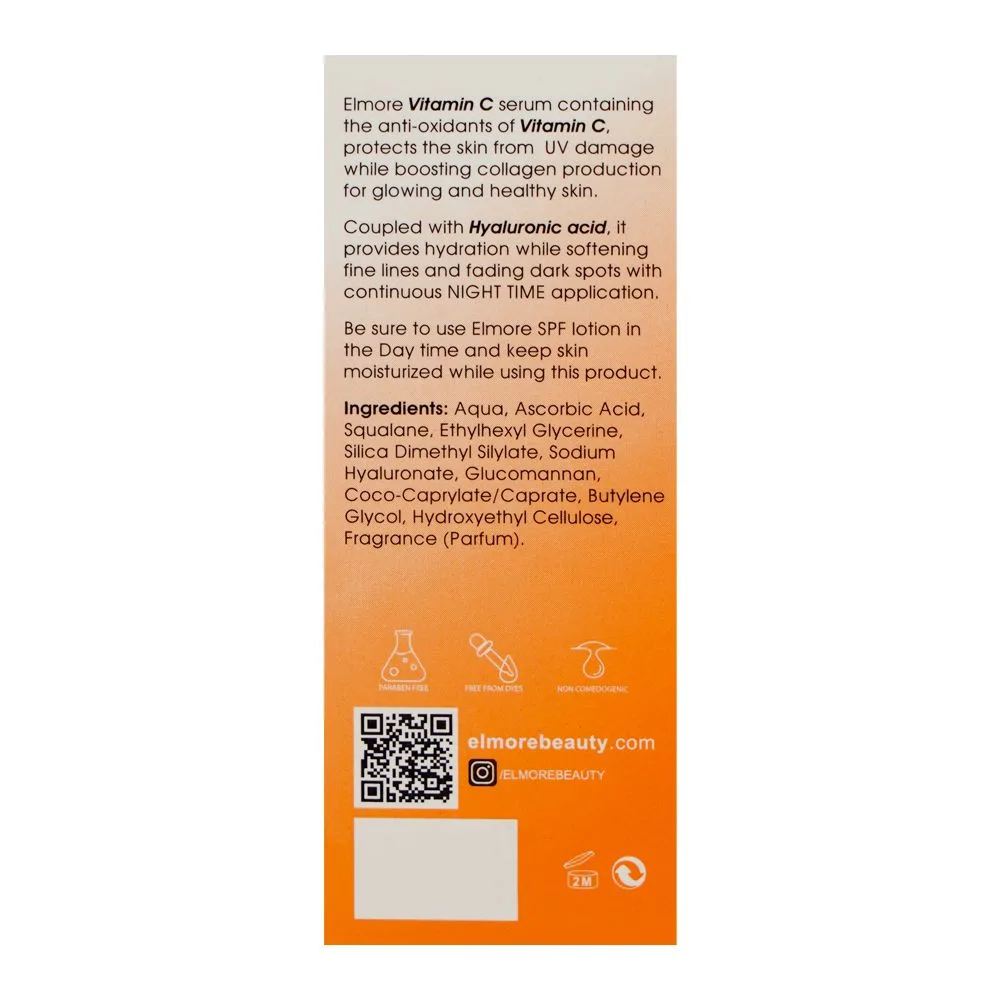 Side view of elmore elixir vitamin c & hyaluronic acid 10% serum, 30ml