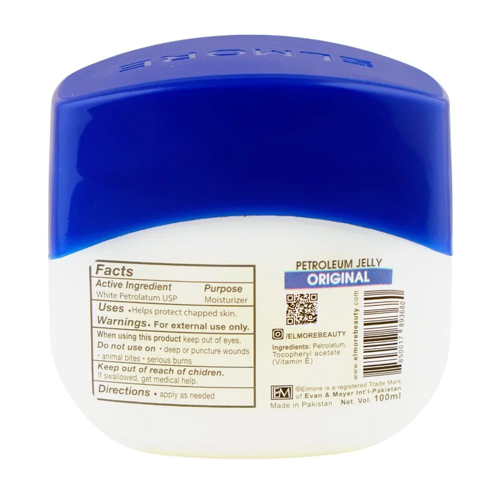 Side view of elmore original pure 100% petroleum jelly, for all types of skin, 100ml