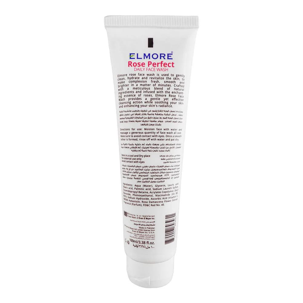 Side view of elmore rose perfect brightening, soothing, hydrating creamy daily face wash, 100ml