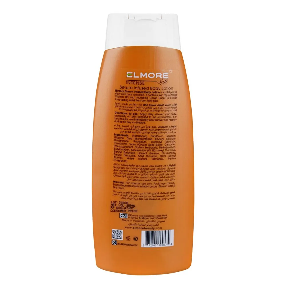 Side view of elmore skin intense natural moisturizing body lotion, cocoa butter & vitamin e, all skin types, 250ml