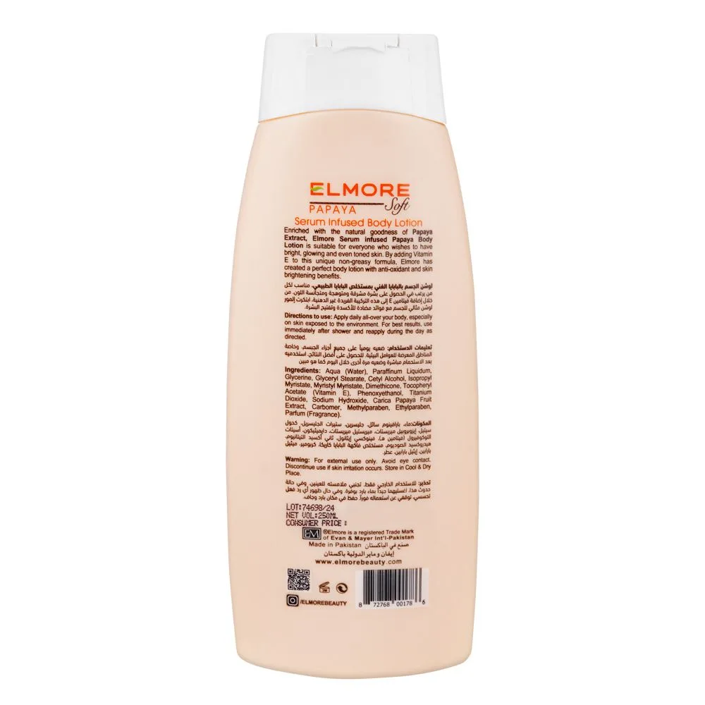Side view of elmore skin whitening natural moisturizing body lotion, papaya, vitamin e & sunscreen, all skin type, 250ml